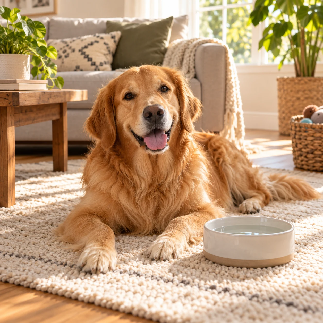 A golden retriever relaxing comfortably at home
