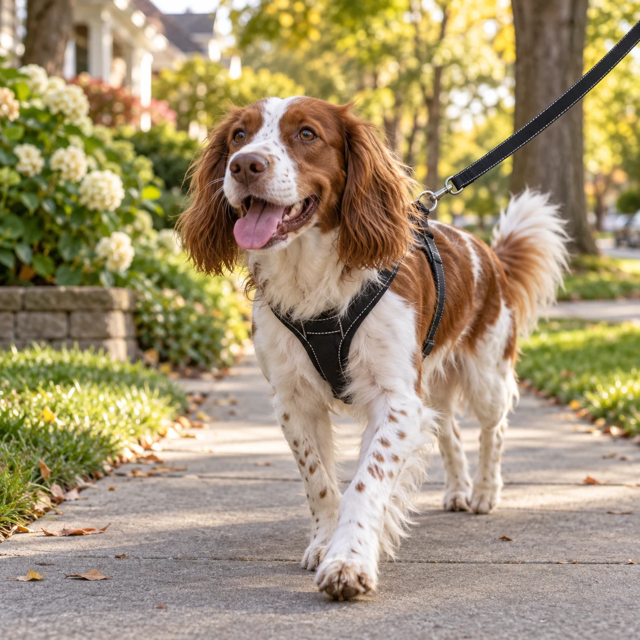 A dog enjoying a walk on a leafy neighborhood sidewalk